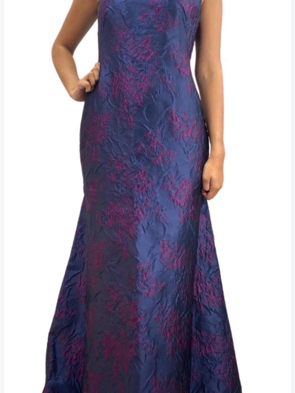 Carolina Herrera Navy and Magenta Floral Jacquard Evening Gown